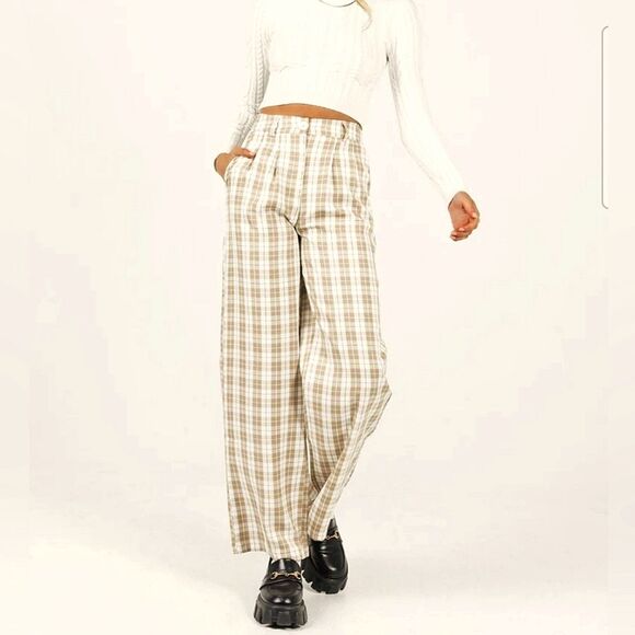 Princess Polly Archer Pants Womens Size 4 Wide Leg Beige Plaid Light Academia - Picture 4 of 9